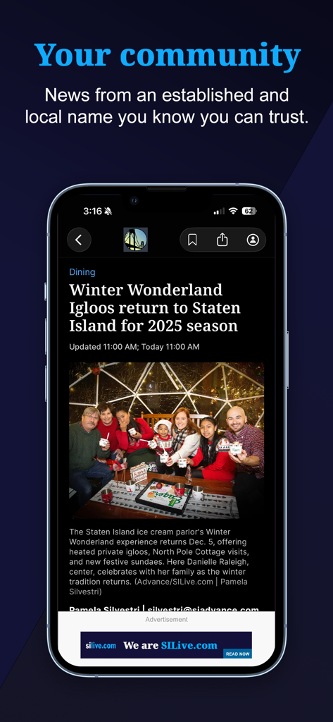 The SILive.com mobile app showing a local community news article about Staten Island