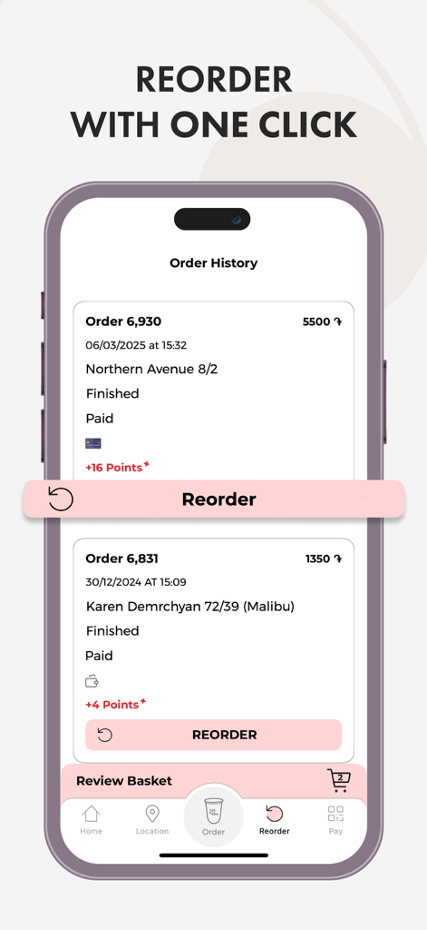 Gotcha boba bar - Interfaz de la aplicación móvil Gotcha boba bar que muestra la pantalla del historial de pedidos con un botón de reordenar con un clic