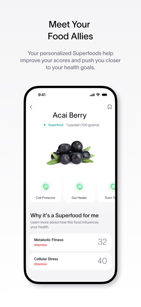 Viome - Viome app interface showing acai berry as a personalized superfood with related health scores.