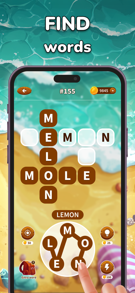 A person playing a word connect puzzle game with a relaxing beach background