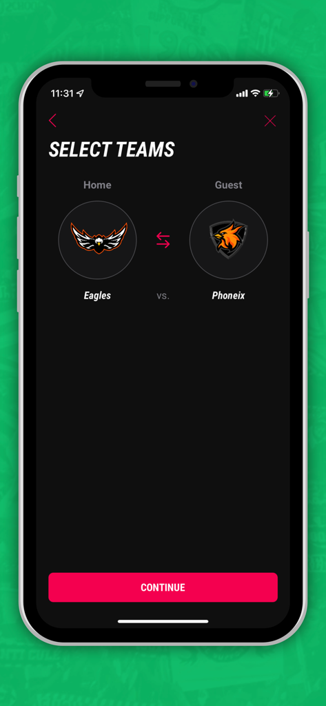 Schermata dell'app mobile per selezionare le squadre di casa e ospiti per iniziare la registrazione di una partita sportiva
