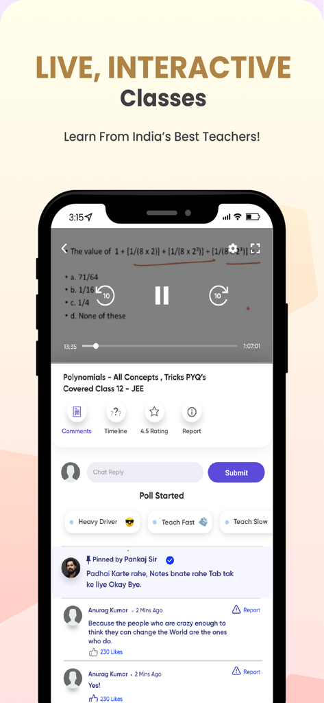 Physics Wallah - Physics Wallah app interface displaying a live interactive video lecture with student comments and real time polls