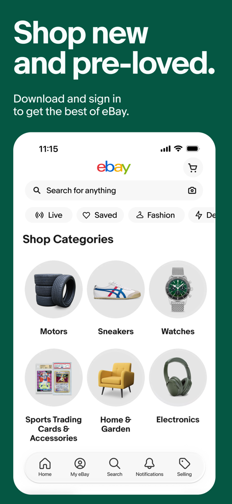 eBay mobile app interface showing various shopping categories like sneakers watches and motors