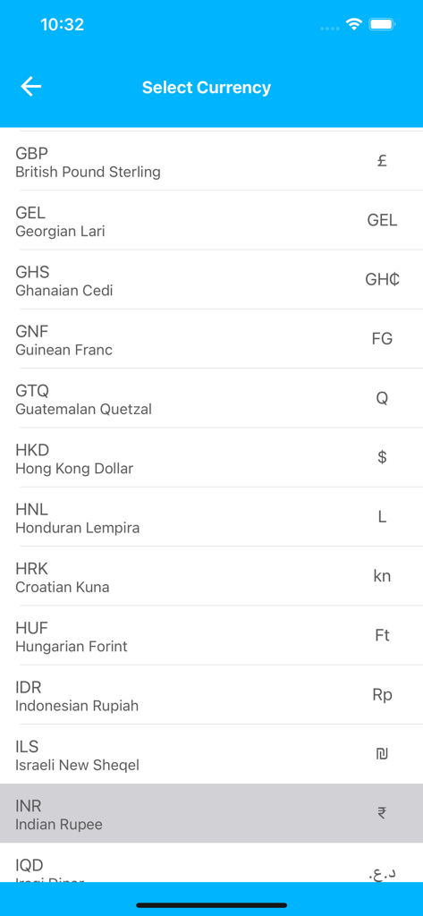 金価格計算アプリでハイライトされたインドルピーを含む通貨選択画面