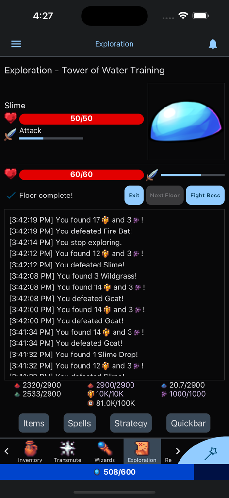 Magic Research 2 - Une capture d'écran du gameplay de Magic Research 2 montrant un combat d'exploration semi-automatique contre un slime dans la zone d'entraînement de la Tour de l'Eau avec un journal de combat détaillé