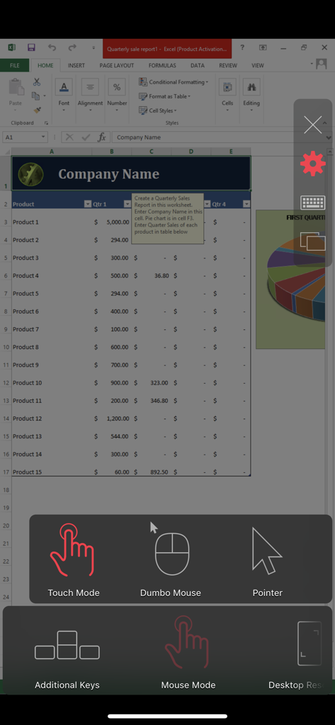 Parallels Client app displaying a remote Windows Excel spreadsheet with touch and mouse control options