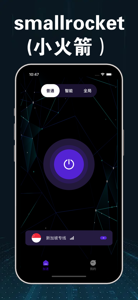 Interface of the smallrocket VPN accelerator app on a mobile device showing a central connection button and Singapore node selection