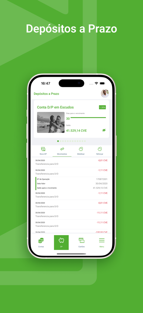 Aplicação Caixanet Mobile exibindo detalhes da conta de depósito a prazo e histórico de transações em Escudos cabo-verdianos