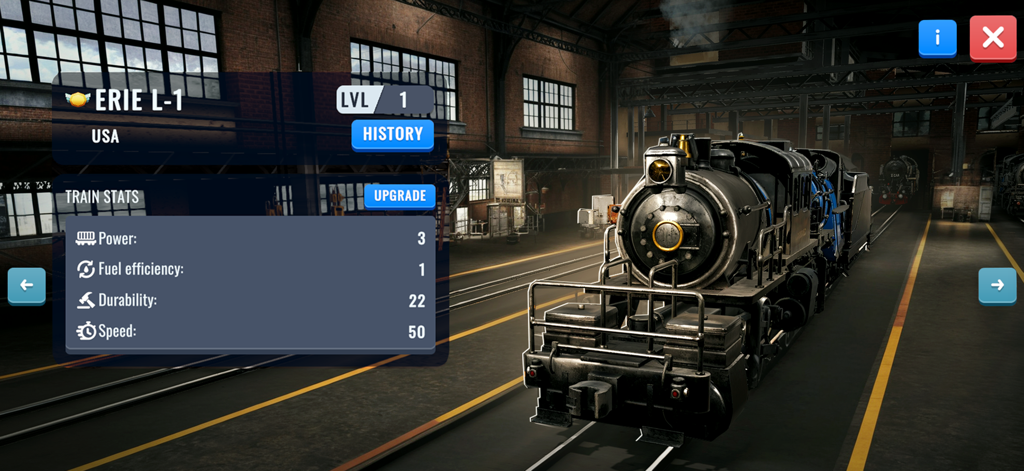 Train Station 3 - Una vista dettagliata della locomotiva a vapore Erie L-1 con le sue statistiche di performance e le opzioni di potenziamento nel garage di Stazione Ferroviaria 3.