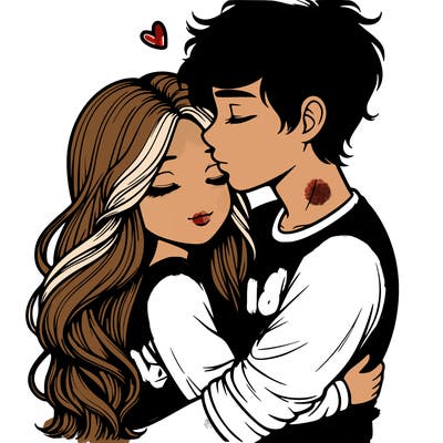 a realistic couple boy and girl hugging and kissing
