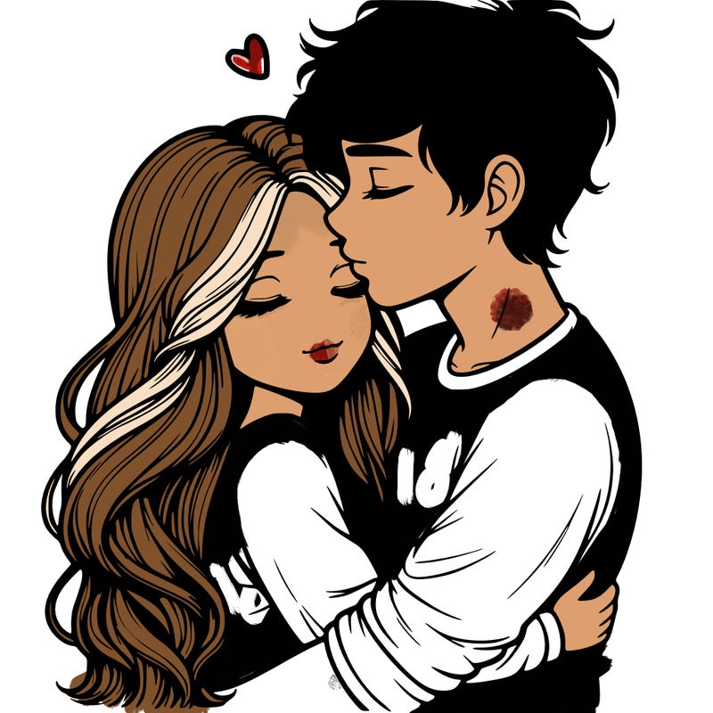 a realistic couple boy and girl hugging and kissing