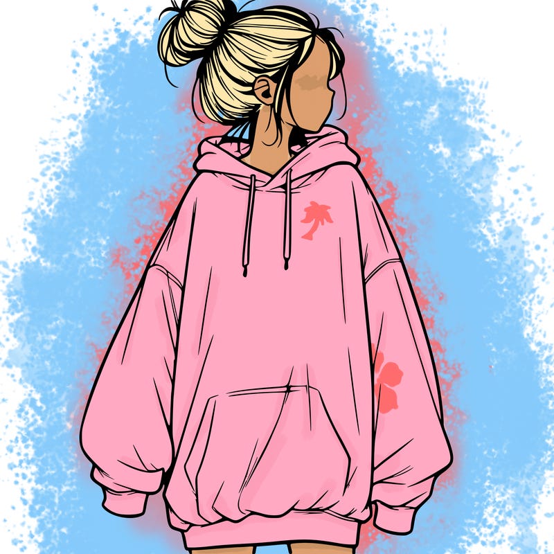 realistic girl with a oversized sweatshirt on and a bun
