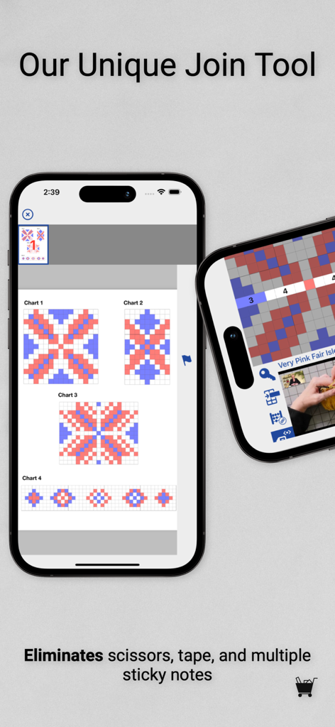 L'app knitCompanion mostra la funzione dello strumento di unione per organizzare più schemi di maglia su iPhone