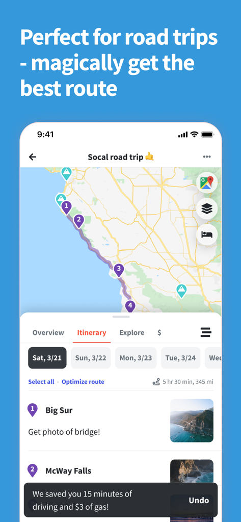 Wanderlog app interface showing a SoCal road trip map with optimized route pins and itinerary stops for Big Sur and McWay Falls.