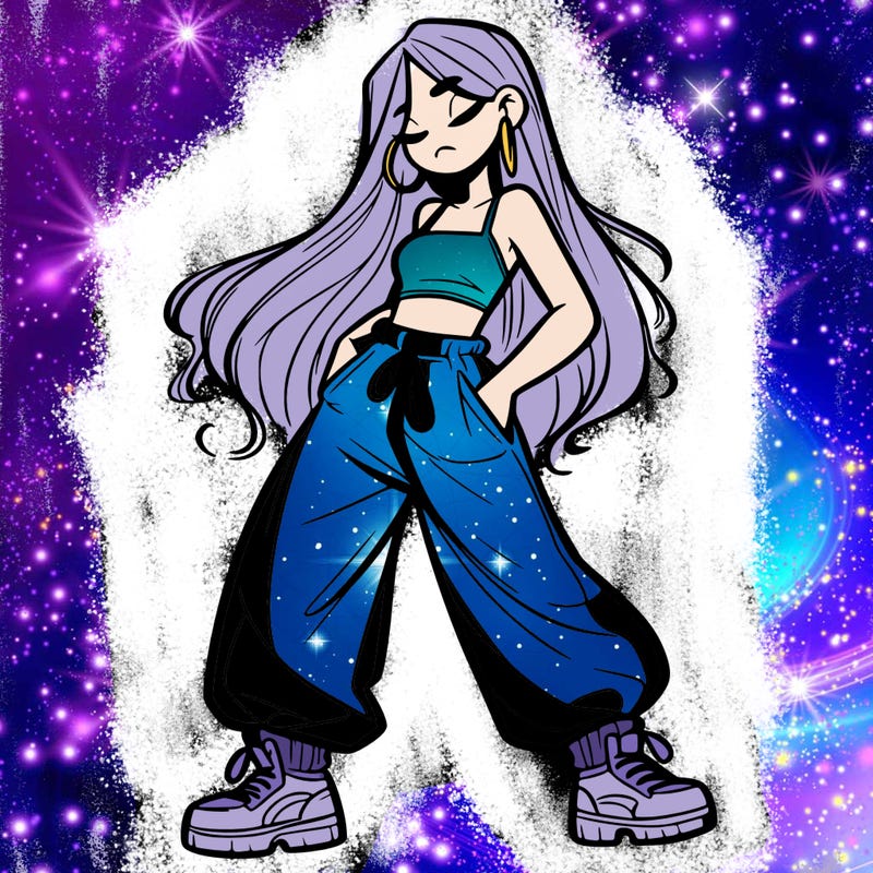 girl in baggy pants crop top and long hair