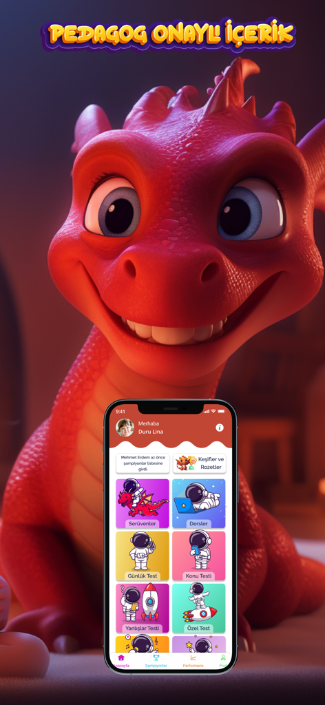 Smartphone displaying the Bilsem Zeka app interface with a friendly red dragon mascot and educational modules