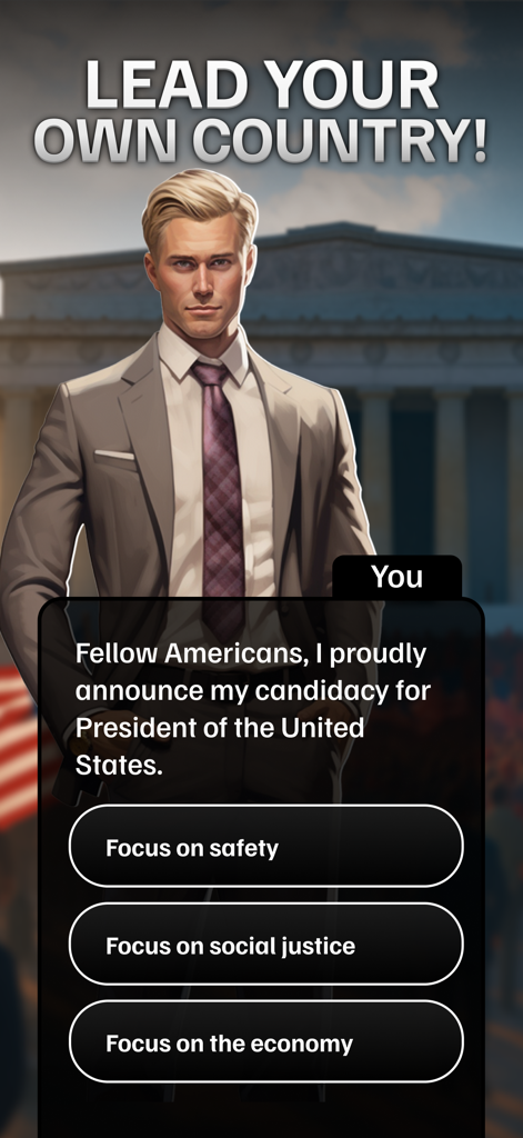 President: Simulator Game - Un candidato presidencial anunciando su candidatura a la presidencia con opciones de enfoque de políticas