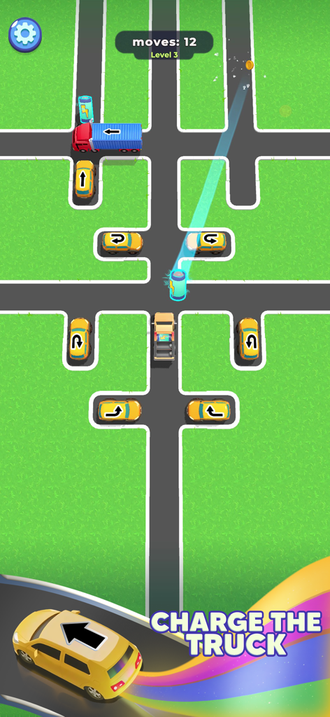 Traffic Escape! - Un nivel de puzle de tráfico cenital con coches amarillos y un camión azul en una cuadrícula verde.