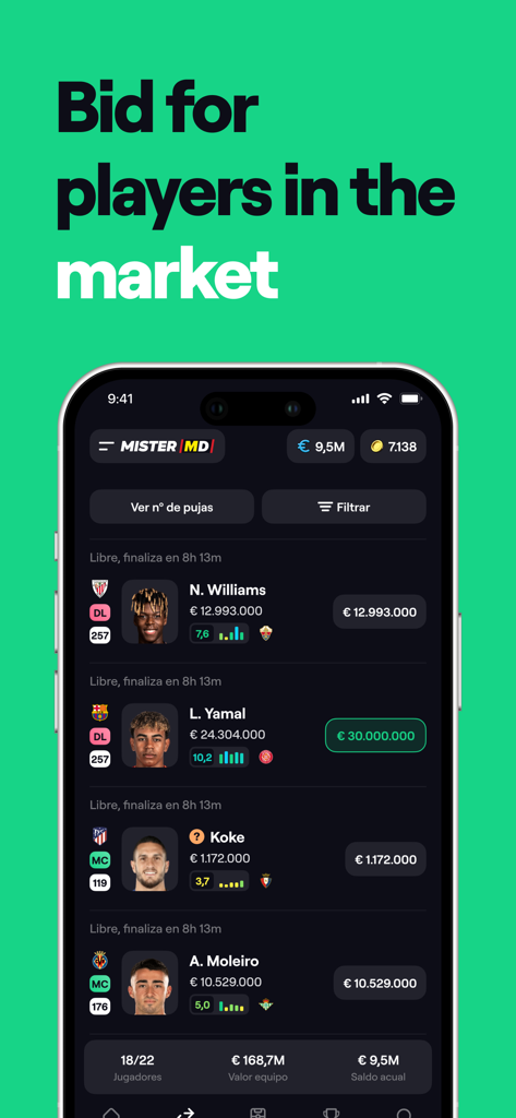 BEMANAGER - Fantasy Soccer - BEMANAGER app interface showing the soccer player transfer market with bidding options for top players like Lamine Yamal.