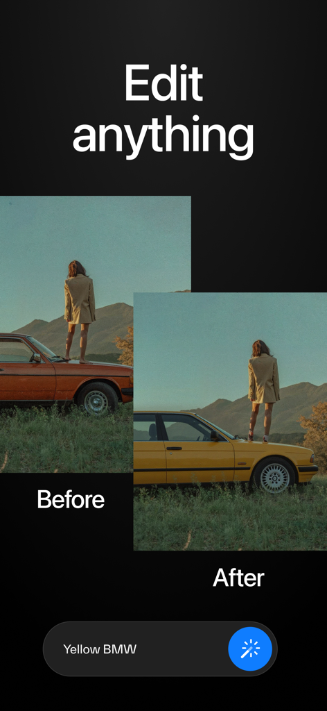 A before and after comparison showing an old car transformed into a yellow BMW using AI image editing prompts.