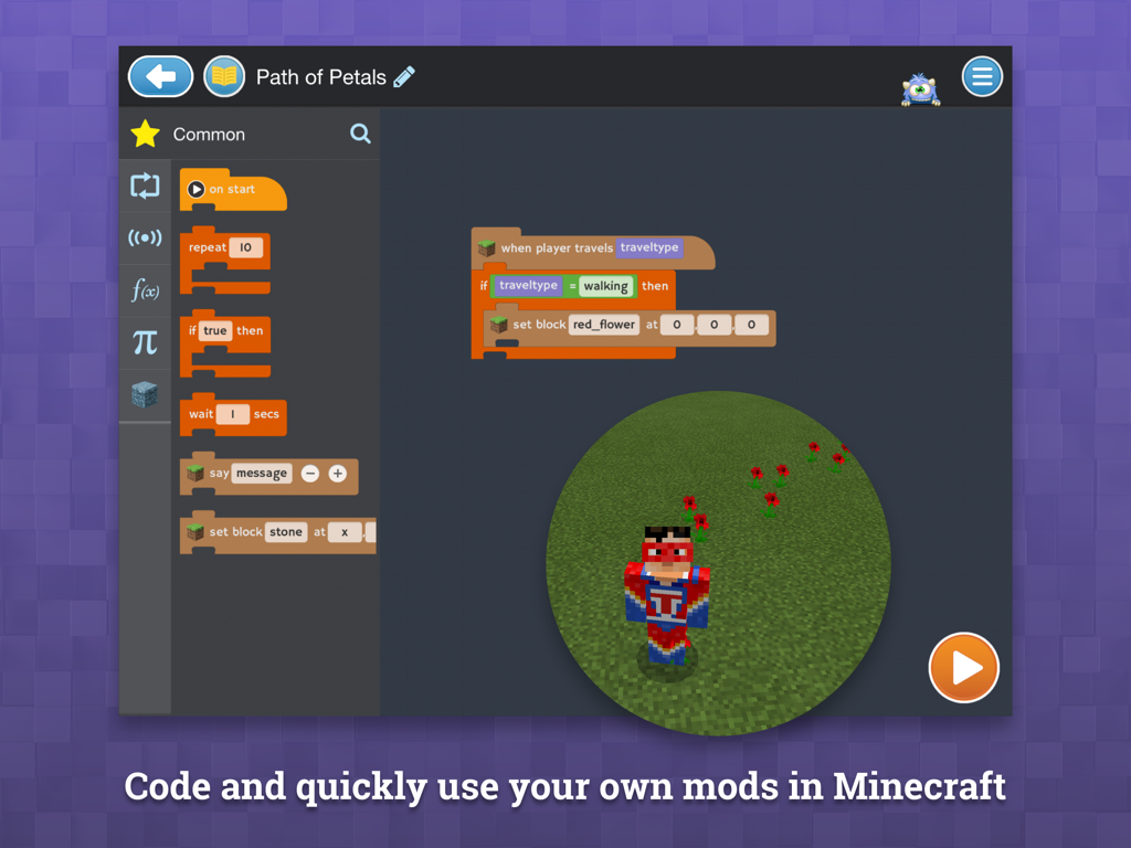 Visual block-based coding interface for creating custom Minecraft mods and behaviors.