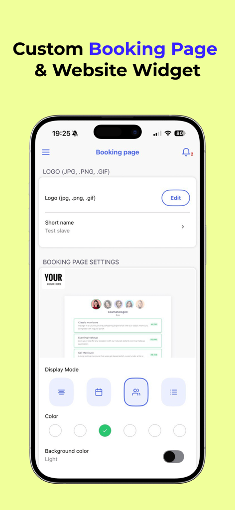 tobook.link: Booking System - Custom booking page and website widget design settings in tobook app