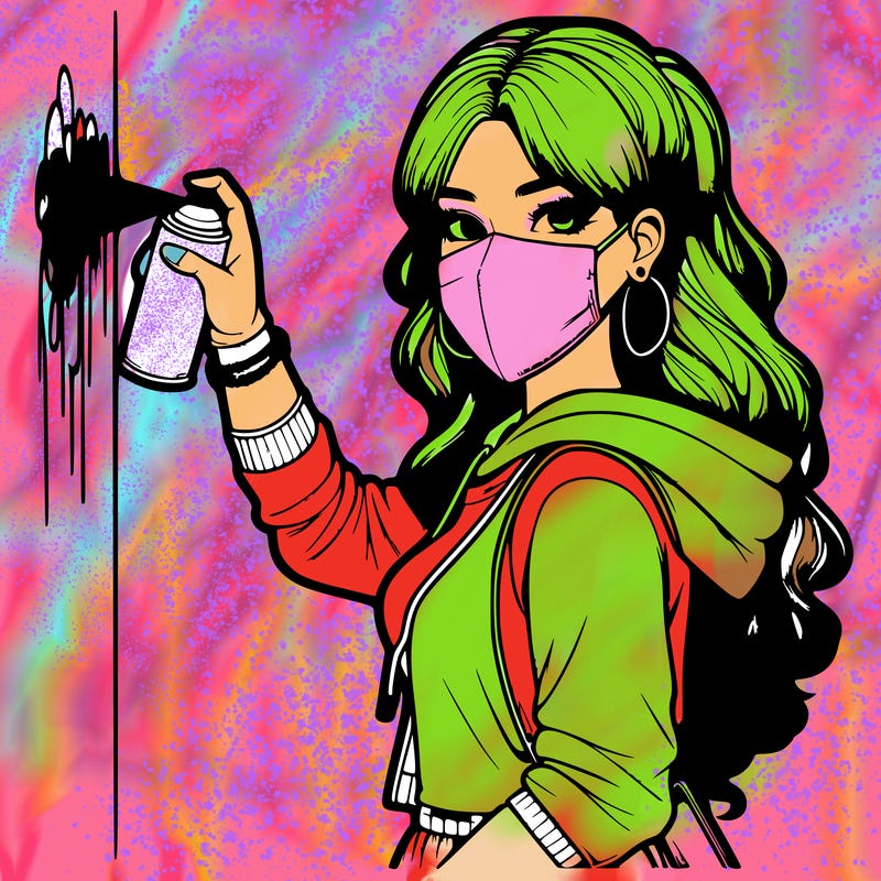 realistic girl with mask spray painting a wall