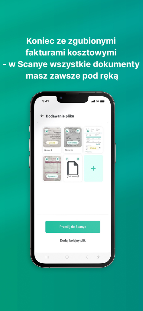 Scanye - Smartphone screen of Scanye app displaying scanned invoices and an upload button