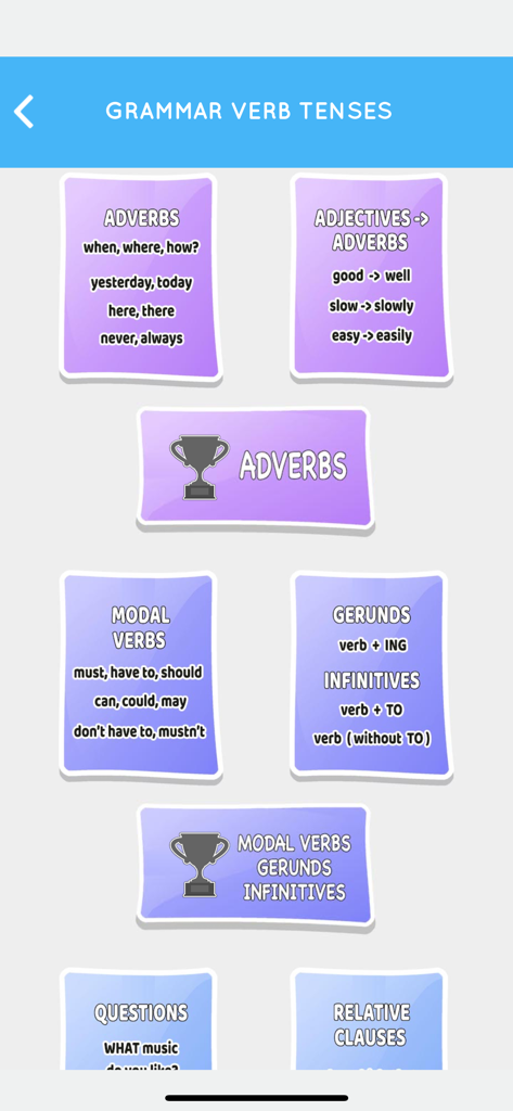 Learn English Grammar Easily - Una pantalla de aplicación móvil que muestra varios temas de gramática inglesa como adverbios, verbos modales y gerundios organizados como tarjetas seleccionables.