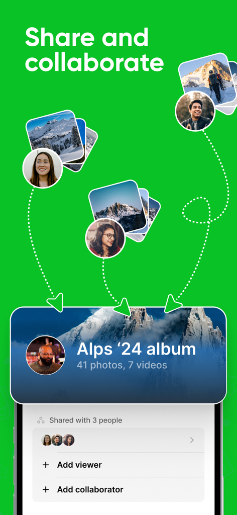 Uma interface de aplicativo móvel do Ente Photos exibindo um álbum de fotos compartilhado com recursos de colaboração.