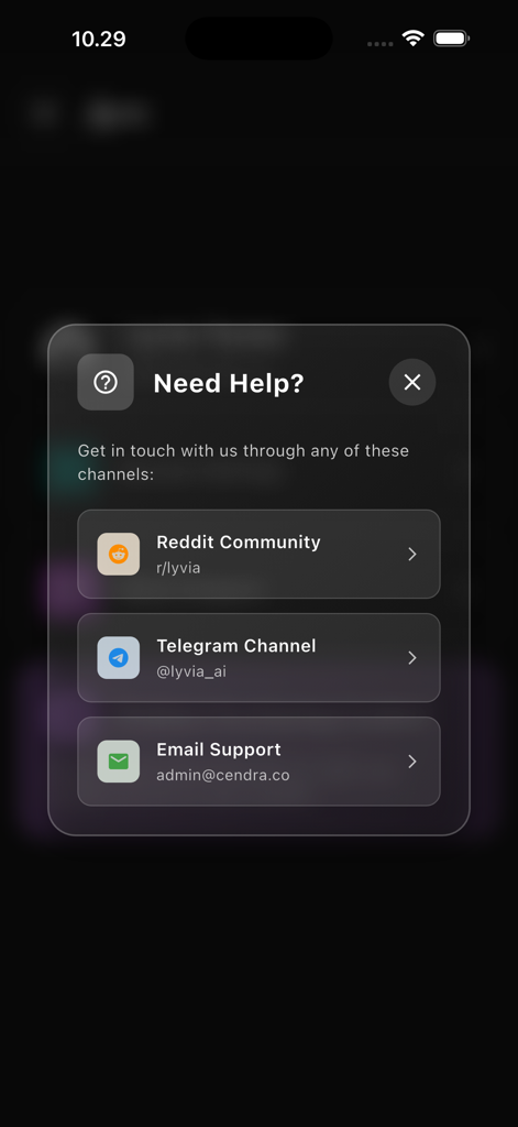 Lyvia - Lyvia app help screen showing contact options for Reddit community Telegram channel and email support