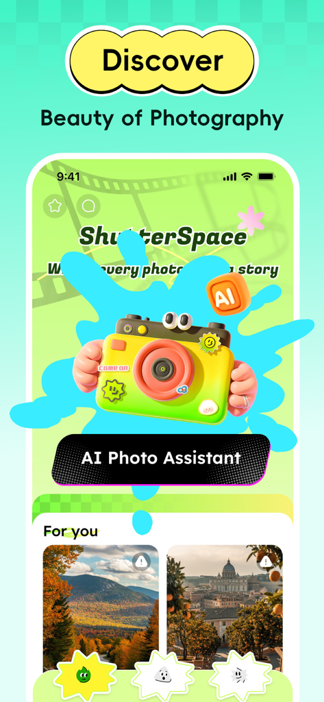 Camil app interface featuring AI Photo Assistant and discovery gallery