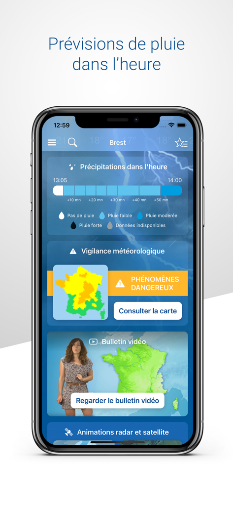 Interfaccia dell'app mobile Météo-France che mostra le previsioni di pioggia orarie e la mappa delle allerte meteo della Francia