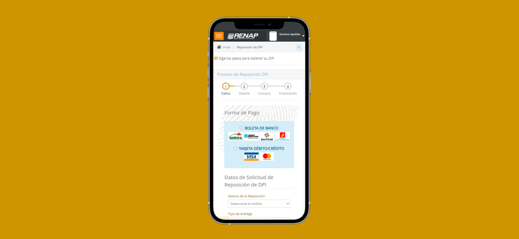 RENAP SE - Smartphone screen showing payment options for Guatemalan ID replacement on the RENAP SE app