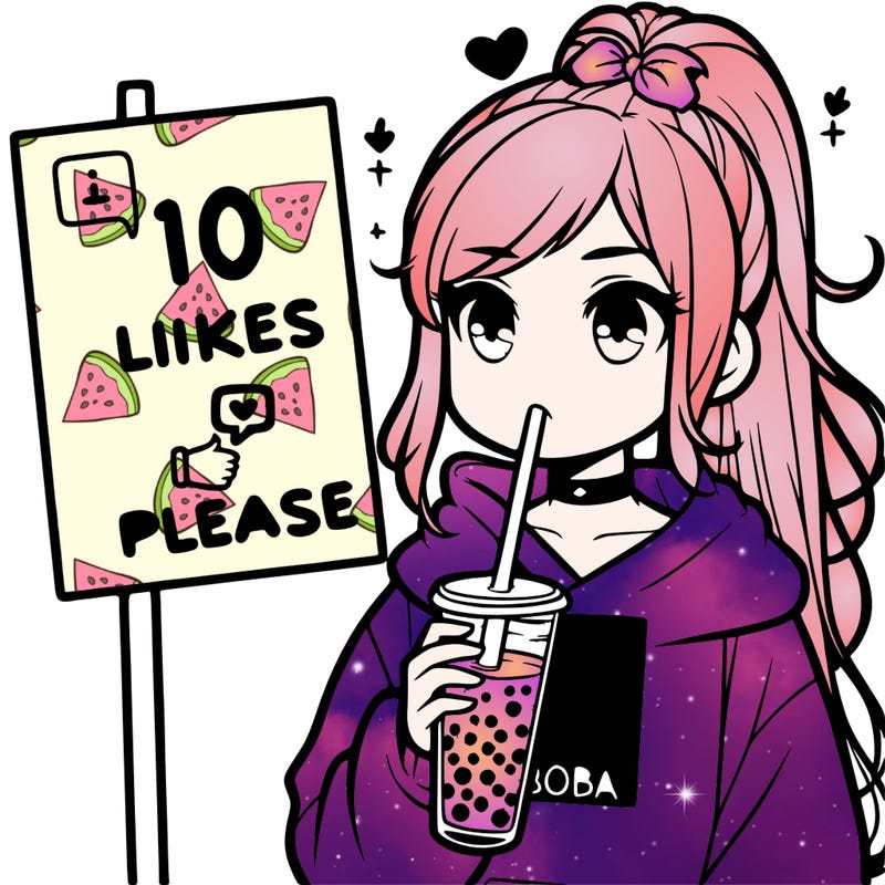 girl with a high ponytail and a hoodie drinking boba staring at a sign saying 10 likes please