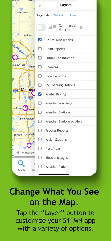 Minnesota 511 app interface showing customizable map layers for road conditions and traffic alerts