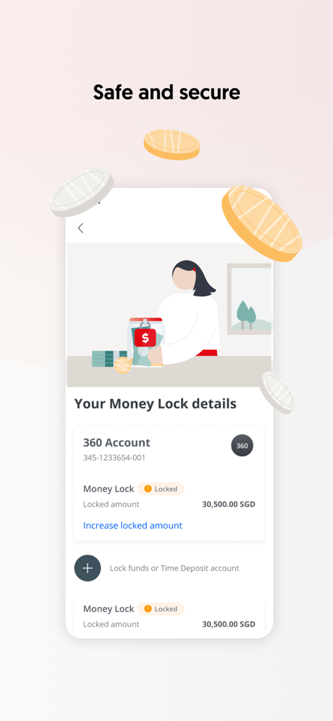 OCBC Singapore - OCBC Singapore mobile app screen showing the Money Lock security feature with account details and locked funds