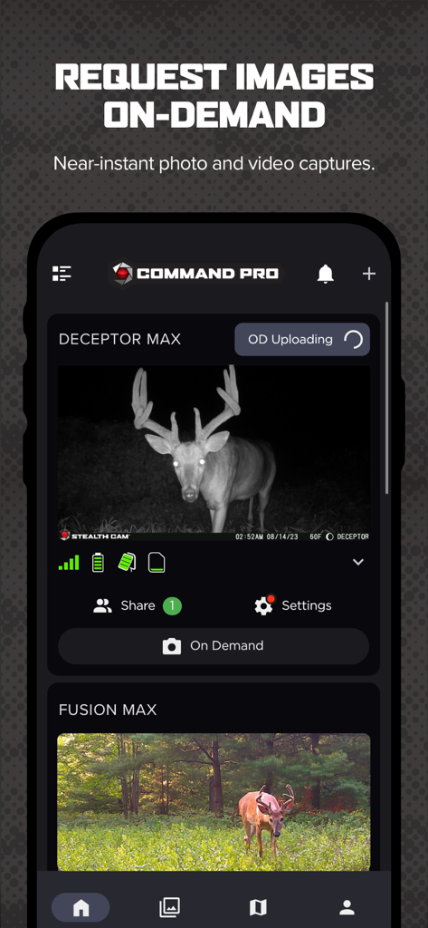 Command Pro mobile app showing on-demand photos of deer from cellular trail cameras.
