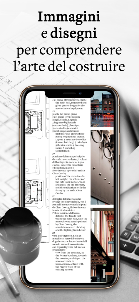 Casabella - App Casabella per architetti che mostra planimetrie e contenuti professionali di design su uno smartphone