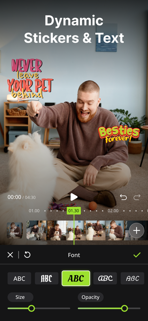 A video editing interface in the BeatMix app showing customizable stickers and text options over a clip of a man and his pet
