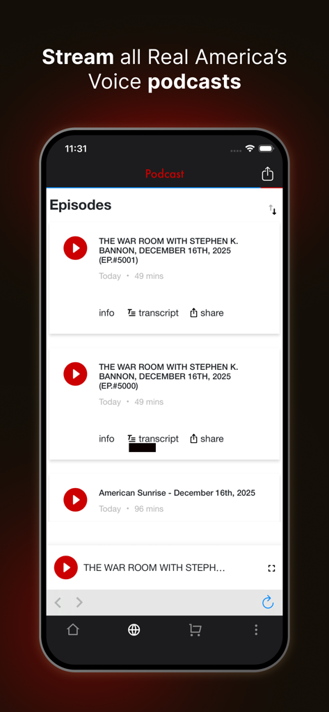 Real America’s Voice News - Real America's Voice mobile app podcast screen showing episodes of The War Room with Stephen K Bannon