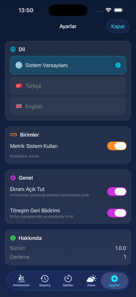 Settings screen of the Rowing Track app showing language and unit preferences