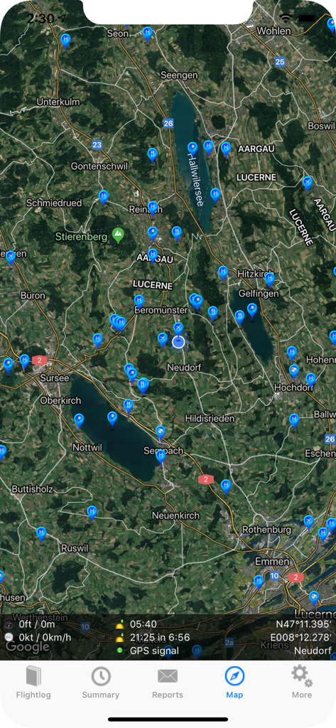 ROTAIR FlightLog - Satellite map view in the ROTAIR FlightLog app showing aviation waypoints and real-time flight data.
