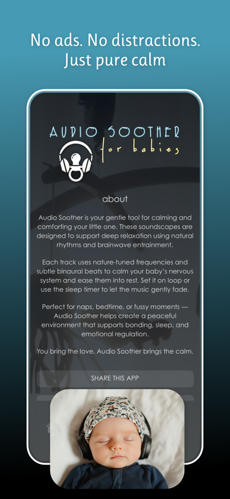 Audio Soother ~ For Babies - Über-Bildschirm der Audio Soother App zeigt ein schlafendes Baby mit Kopfhörern und Beschreibung beruhigender Klanglandschaften