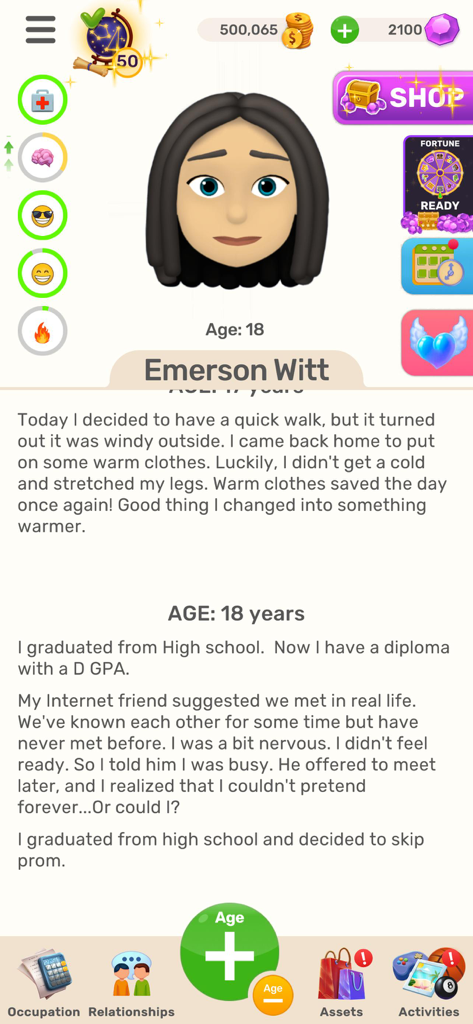 Interfaz de juego de Real Life Choices Simulator que muestra el perfil de un personaje y un registro de eventos de la vida a los 18 años