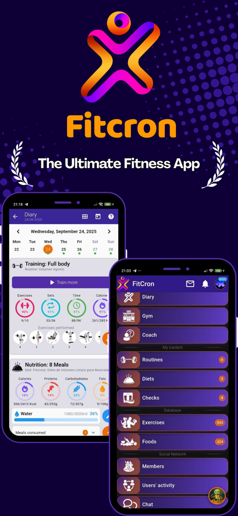 Fitcron App-Oberfläche mit Trainings-Tagebuch und Ernährungs-Tracking-Dashboard