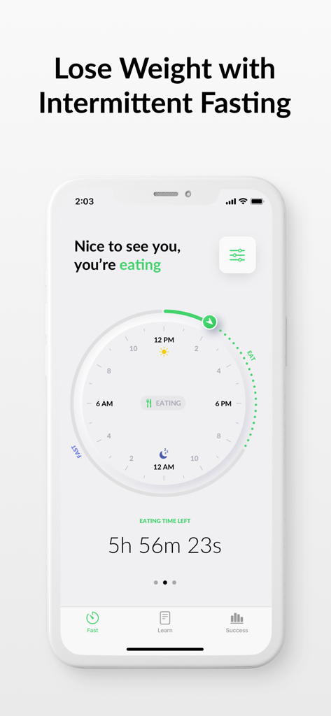 Feather - Intermittent Fasting - Interfaz de la aplicación Feather que muestra el reloj circular de ayuno y la cuenta regresiva de la ventana de comida