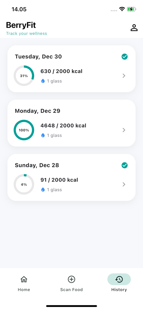 BerryFit - AI Food & Calories - BerryFit 앱 기록 화면에 일일 칼로리 및 수분 섭취 요약 표시