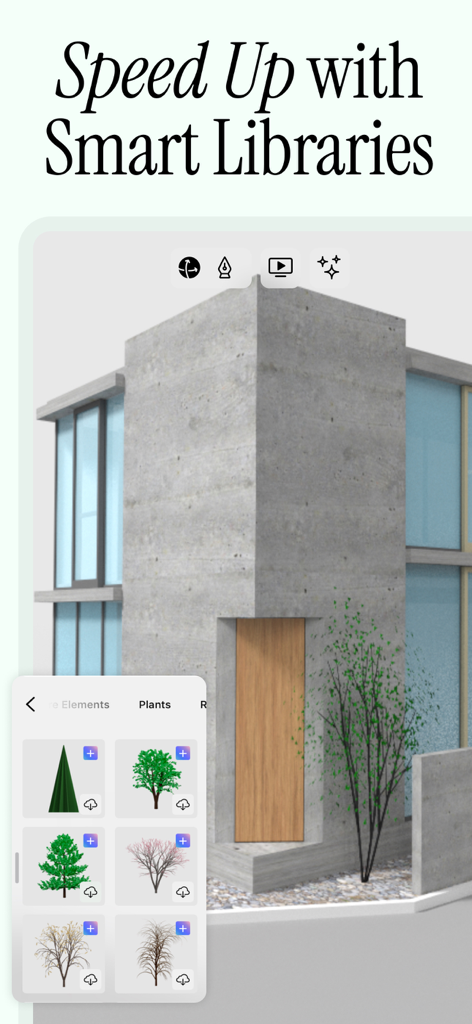 uMake interface showing a 3D architectural model and the smart libraries plant assets menu.