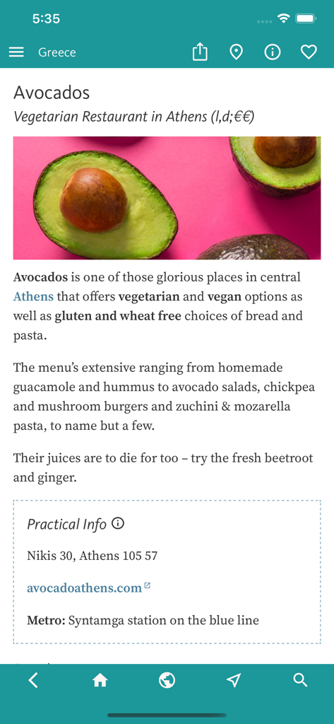 Mobile App-Bildschirm, der eine Bewertung für das vegetarische Restaurant Avocados in Athen mit Kontaktdaten und Menü-Highlights zeigt.